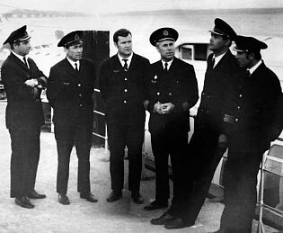 Группа капитанов скоростного флота (слева направо): В. Мордвинкин, А. Пирогов, Б. Фролов, Б. Чудинов, А. Замятин, Е. Игошин